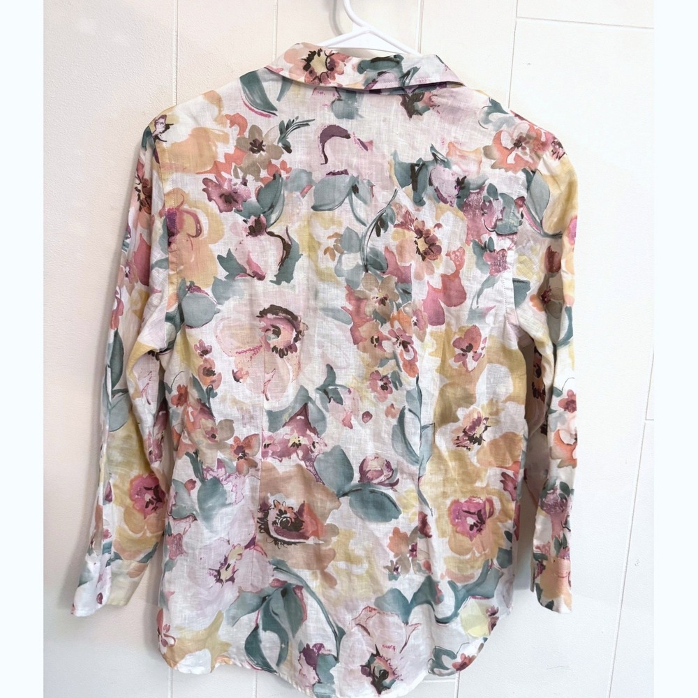 Lauren Ralph Lauren Floral Linen Button Down Shirt Medium 3/4 Sleeve Designer - Picture 2 of 5